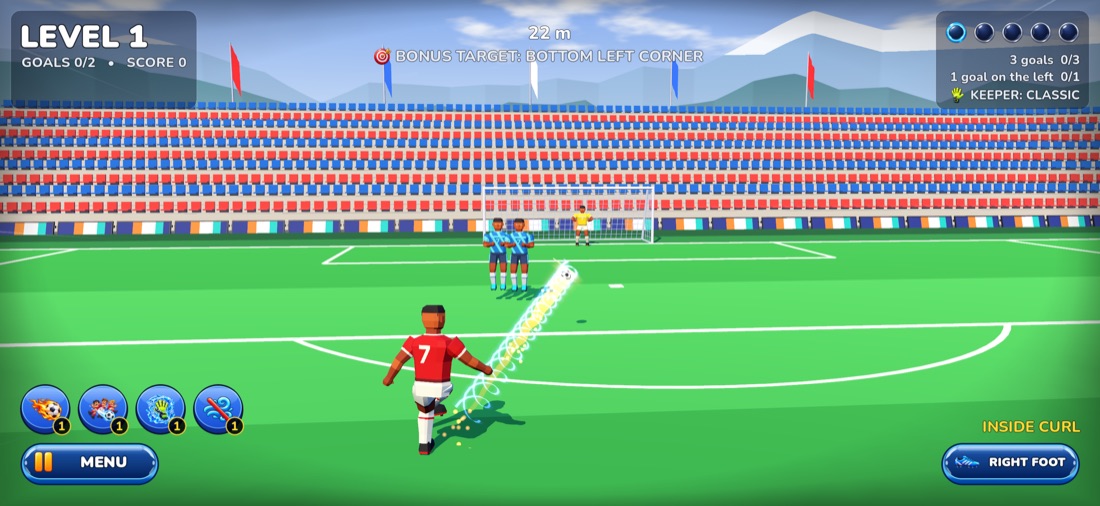 A curling free kick bending around the wall